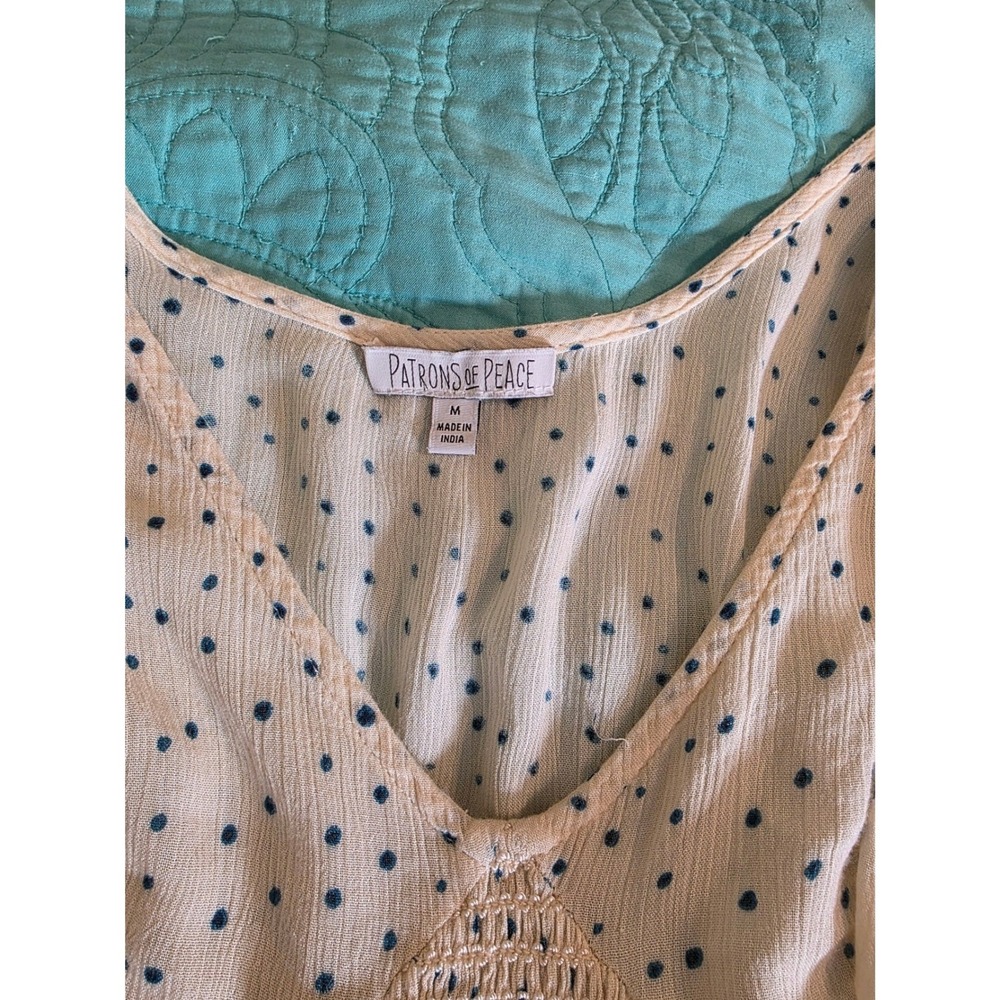 Patrons of Peace Polka Dot Smocked Crop Top Cream Navy Blue Ruffle Boho Medium - Picture 2 of 6